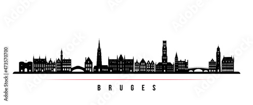 Bruges skyline horizontal banner. Black and white silhouette of Bruges, Belgium. Vector template for your design.