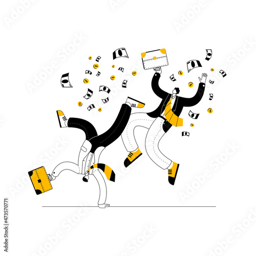 People are jumping merrily with briefcases in their hands among the flying money. Vector illustration in outline style on the topic of successful completion of the project.
