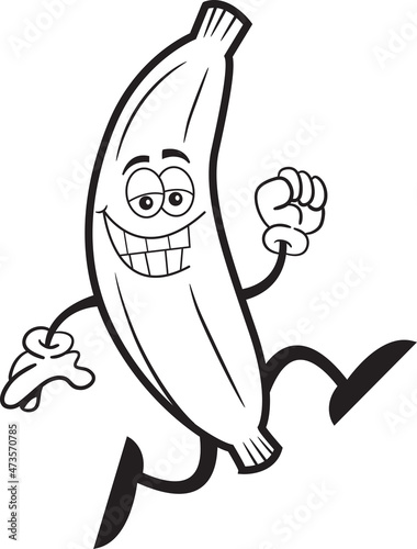 Black and white illustration of a smiling banana running. © bennerdesign
