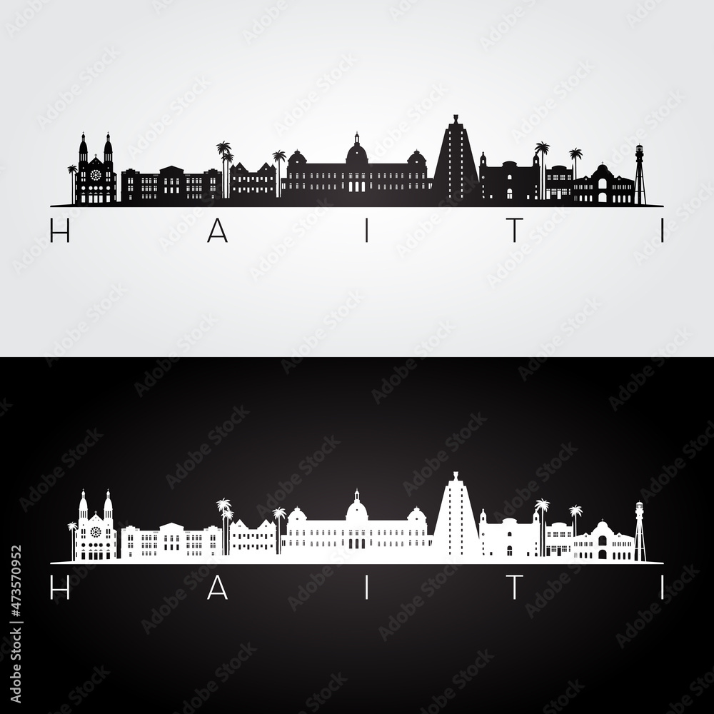 Haiti skyline and landmarks silhouette, black and white design, vector illustration.
