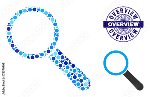 Circle combination search tool icon and OVERVIEW round unclean stamp. Blue stamp includes OVERVIEW tag inside circle and guilloche style. Vector collage is based on search tool icon,