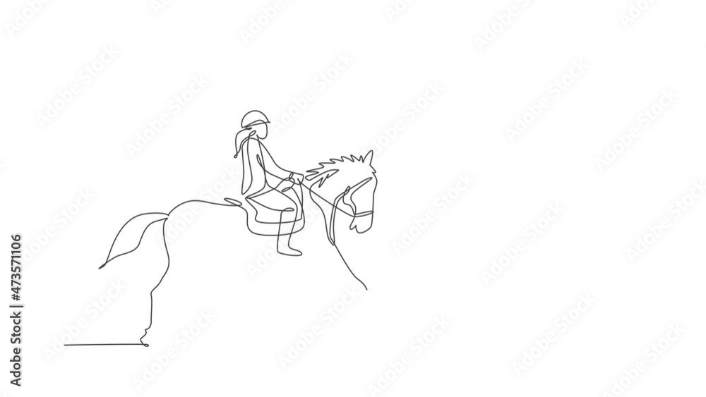 Animated self drawing of one continuous line draw young horse rider woman in action. Equine run training at racing track. Equestrian sport competition concept. Full length single line animation. Animated self drawing of one continuous line draw young horse rider woman in action. Equine run training at racing track. Equestrian sport competition concept. Full length single line animation.
