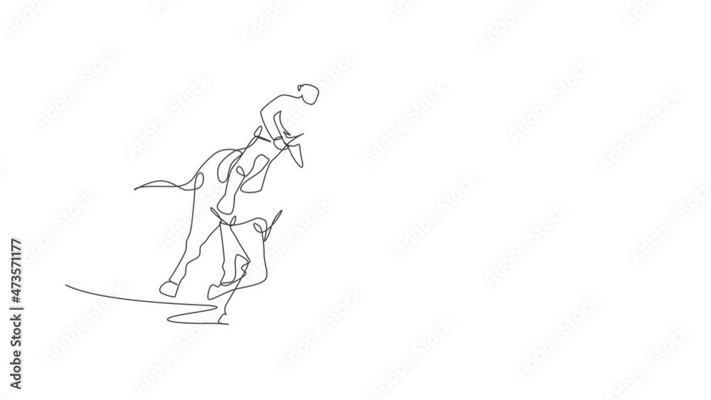 Animated self drawing of continuous line draw young professional horseback rider running with a horse around the stables. Equestrian sport training process concept. Full length one line animation. Animated self drawing of continuous line draw young professional horseback rider running with a horse around the stables. Equestrian sport training process concept. Full length one line animation.