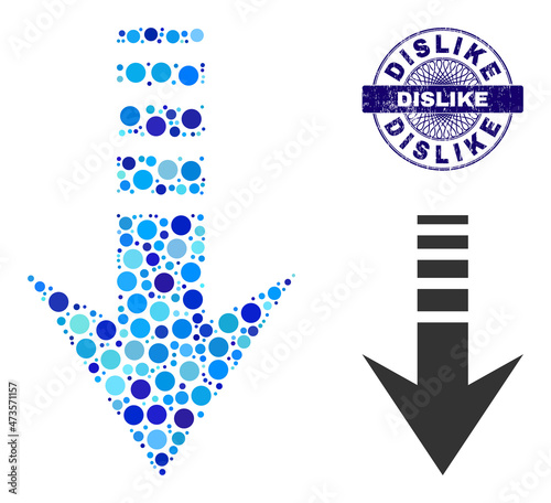 Round dot combination send down icon and DISLIKE round dirty seal. Blue stamp seal includes DISLIKE caption inside circle and guilloche ornament. Vector mosaic is based on send down icon,