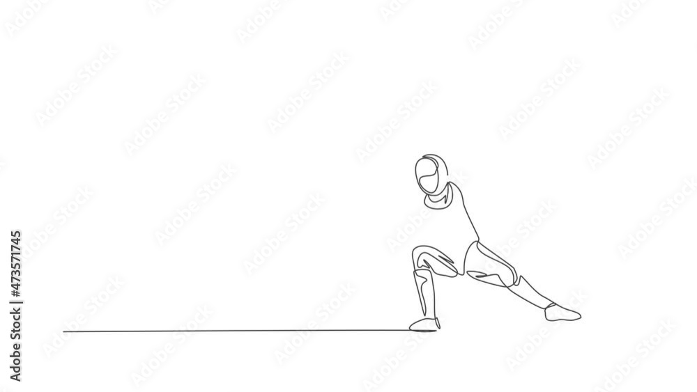 Animated self drawing of one continuous line draw young man fencing athlete practice fighting on professional sport arena. Fencing costume and holding sword concept. Full length single line animation. Animated self drawing of one continuous line draw young man fencing athlete practice fighting on professional sport arena. Fencing costume and holding sword concept. Full length single line animation.