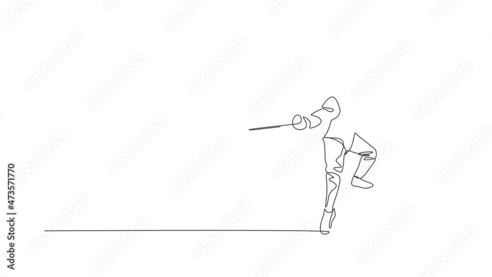 Animation of one line drawing of man fencer athlete in fencing costume ...