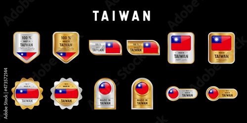 Made in Taiwan Label, Stamp, Badge, or Logo. With The National Flag of Taiwan. On platinum, gold, and silver colors. Premium and Luxury Emblem
