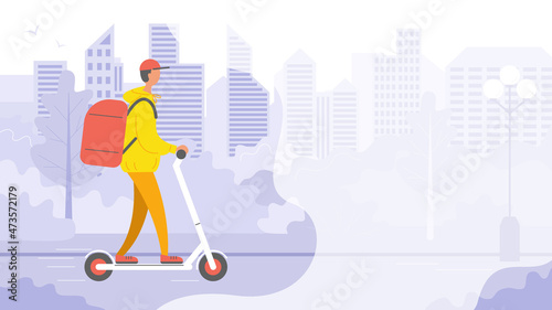 A courier deliveryman on an electric scooter rides around the city. Banner with copy space. Vector stock illustration. 