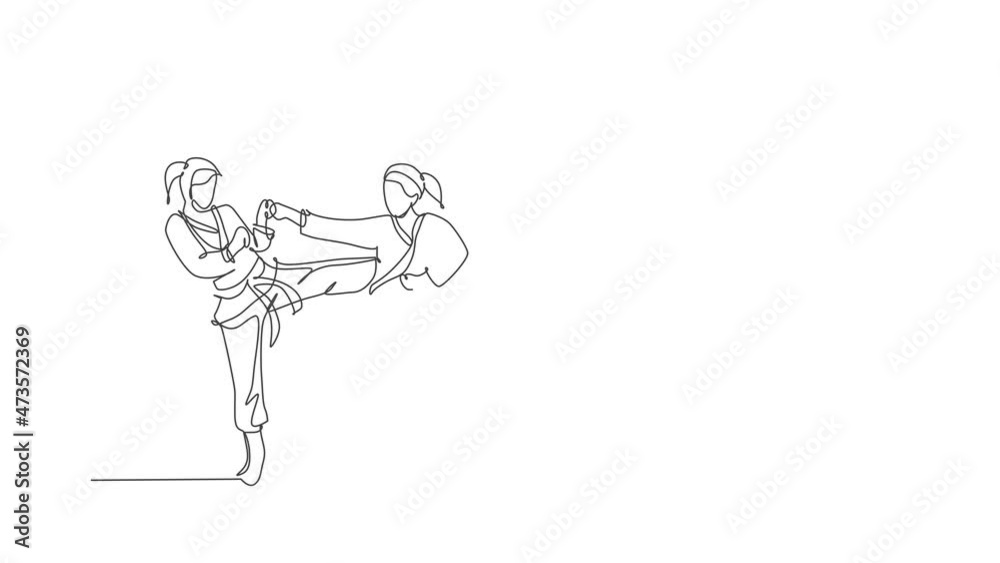Animated self drawing of single continuous line draw two young confident karateka girls in kimono practicing karate combat at dojo. Martial art sport training concept. Full length one line animation. Animated self drawing of single continuous line draw two young confident karateka girls in kimono practicing karate combat at dojo. Martial art sport training concept. Full length one line animation.
