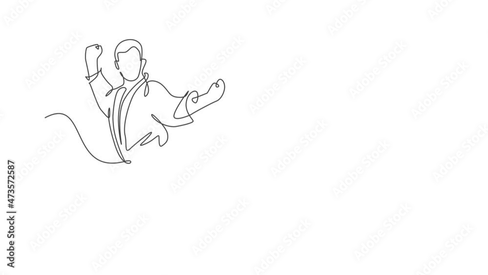 Animation of one line drawing of sporty karateka man in fight uniform with belt exercising martial art at gym. Healthy sport lifestyle concept. Continuous line self draw animated. Full length motion. Animation of one line drawing of sporty karateka man in fight uniform with belt exercising martial art at gym. Healthy sport lifestyle concept. Continuous line self draw animated. Full length motion.