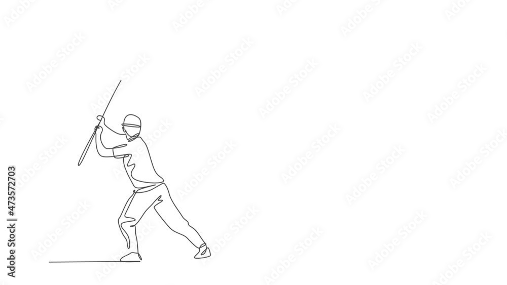 Animated self drawing of one continuous line draw young happy fisherman standing and pull fly fishing on the lake streaming. Fishing leisure hobby vacation concept. Full length single line animation. Animated self drawing of one continuous line draw young happy fisherman standing and pull fly fishing on the lake streaming. Fishing leisure hobby vacation concept. Full length single line animation.