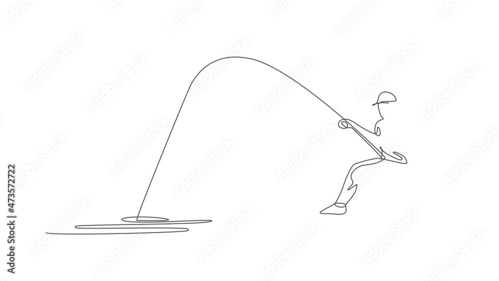 Animated self drawing of single continuous line draw young happy fisher man fly fishing bass fish in open river while siting on chair. Fishing hobby holiday concept. Full length one line animation. Animated self drawing of single continuous line draw young happy fisher man fly fishing bass fish in open river while siting on chair. Fishing hobby holiday concept. Full length one line animation.
