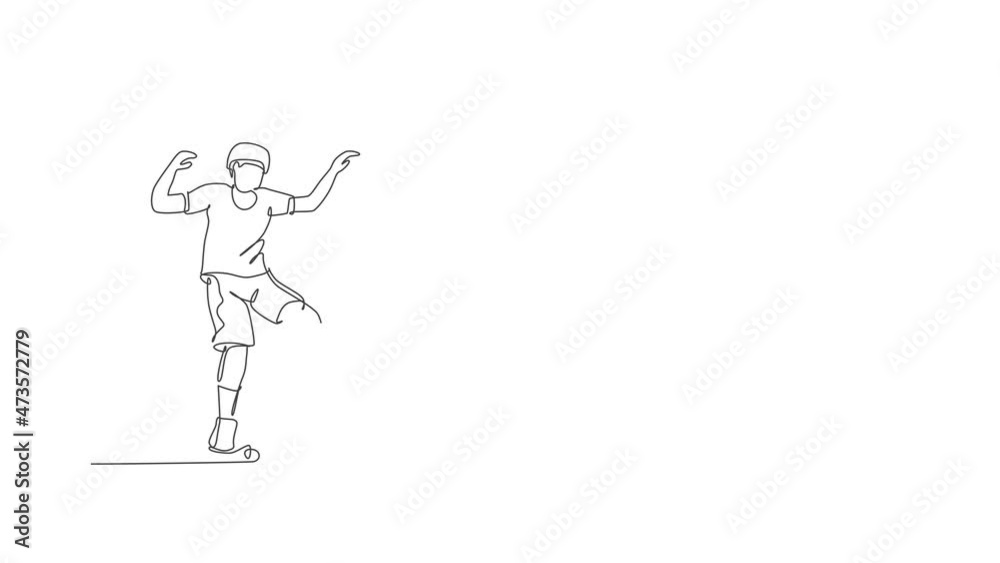 Animation of one line drawing of skateboarder man exercise riding skateboard in city street. Teen lifestyle and extreme outdoor sport concept. Continuous line self draw animated. Full length motion.