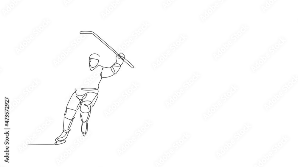 Animation of one line drawing young ice hockey player in action to celebrate a goal at the game on ice rink stadium. Sport tournament concept. Continuous line self draw animated. Full length motion. Animation of one line drawing young ice hockey player in action to celebrate a goal at the game on ice rink stadium. Sport tournament concept. Continuous line self draw animated. Full length motion.