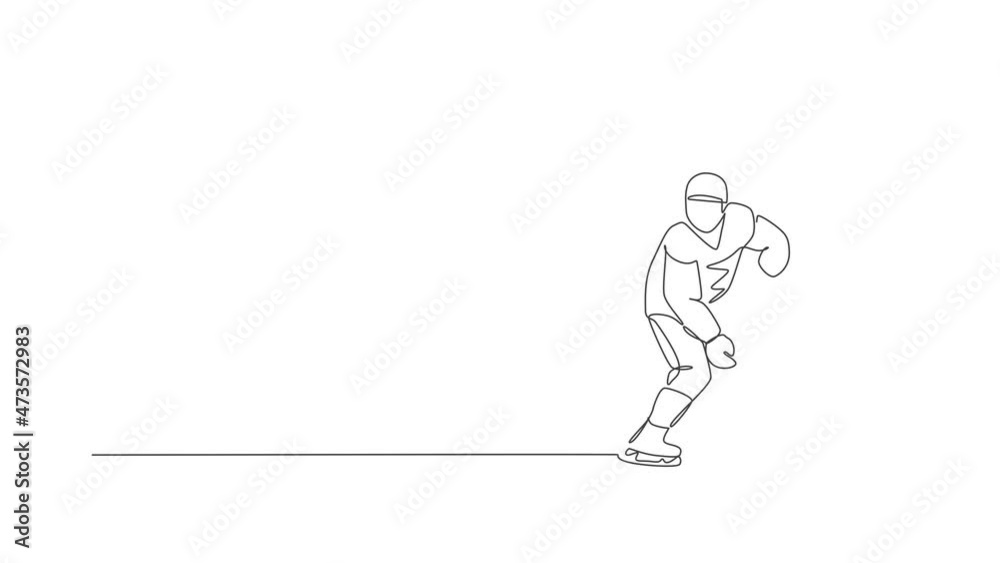 Animated self drawing of single continuous line draw young professional ice hockey player hit the puck and attack on ice rink arena. Extreme winter sport concept. Full length one line animation. Animated self drawing of single continuous line draw young professional ice hockey player hit the puck and attack on ice rink arena. Extreme winter sport concept. Full length one line animation.