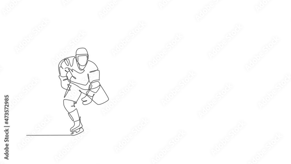 Animated self drawing of one continuous line draw young professional ice hockey player exercising and practicing on ice rink stadium. Healthy extreme sport concept. Full length single line animation.