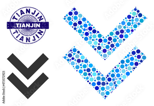 Round dot collage shift down icon and TIANJIN round grunge stamp seal. Blue stamp includes TIANJIN caption inside circle and guilloche structure. Vector collage is based on shift down icon,