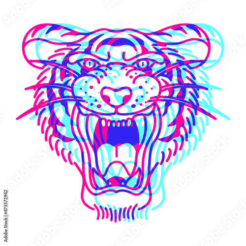 tiger with overprint effects on white background Design element for logo, poster, card, banner, emblem, t shirt. Vector illustration.