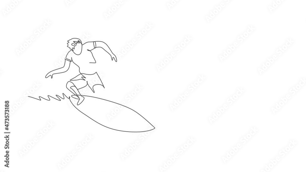 Animated self drawing of one continuous line draw young happy tourist surfer exercising surfing on wavy ocean. Healthy extreme watersport concept. Summer holiday. Full length single line animation. Animated self drawing of one continuous line draw young happy tourist surfer exercising surfing on wavy ocean. Healthy extreme watersport concept. Summer holiday. Full length single line animation.