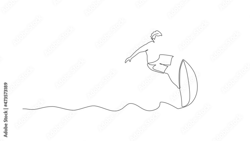 Animation of one line drawing of young sporty surfer man riding on big waves in surfing beach paradise. Extreme water sport lifestyle concept. Continuous line self draw animated. Full length motion. Animation of one line drawing of young sporty surfer man riding on big waves in surfing beach paradise. Extreme water sport lifestyle concept. Continuous line self draw animated. Full length motion.