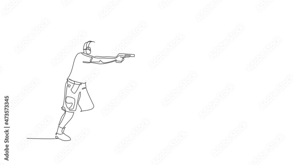 Animation of one line drawing of young man practicing to shot target in range on shooting training ground. Clay pigeon shooting sport concept. Continuous line self draw animated. Full length motion.