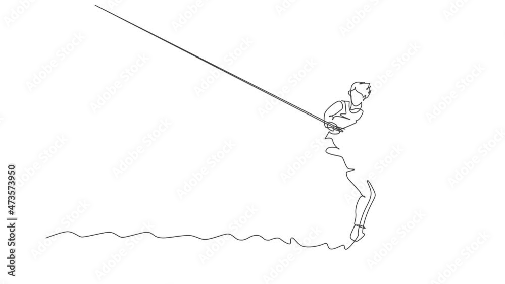 Animated self drawing of one continuous line draw young energetic man fun play wakeboarding in the sea ocean. Healthy lifestyle sport concept. Happy tourist vacation. Full length single line animation Animated self drawing of one continuous line draw young energetic man fun play wakeboarding in the sea ocean. Healthy lifestyle sport concept. Happy tourist vacation. Full length single line animation