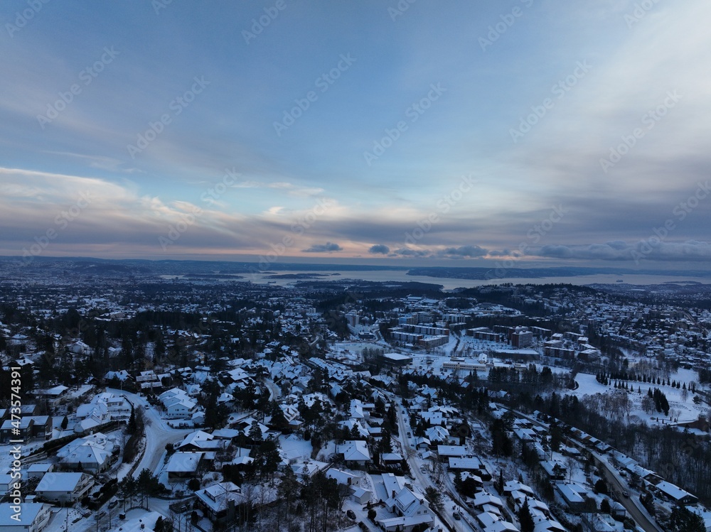 Photo from the sky shot with a drone DJI Mavic 3. Shot a winter day outside oslo. The winter was very cold.