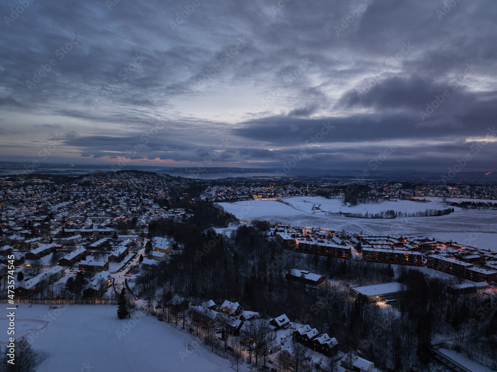 Photo from the sky shot with a drone DJI Mavic 3. Shot a winter day outside oslo. The winter was very cold.