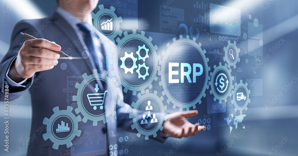 ERP - Enterprise resource planning business and modern technology concept on virtual screen. ERP - Enterprise resource planning business and modern technology concept on virtual screen.