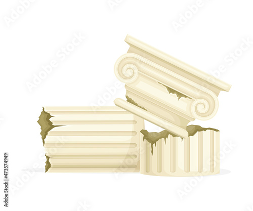 Ancient Greek or Rome column broken on pieces. Ruined marble pillar vector illustration