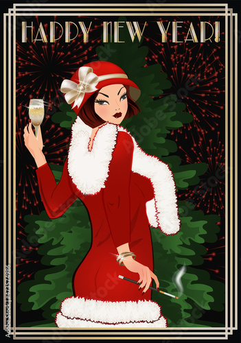 New year card with flapper girl and xmas tree in art deco style, vector illustration
