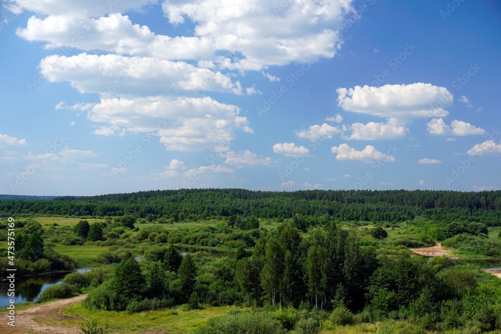 Sunny day in July. Mid summer. View of the floodplain of the Berezina River. The forest gave the horizon. Landscape