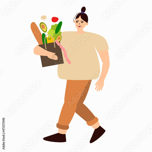 Woman at grocery store. Shopping concept. Cartoon young female making purchases. Isolated cute girl carrying bags with food products. Vector character buys fruit and vegetables in greengrocer shop