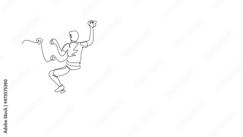 Animated self drawing of continuous line draw young bravery climber man practice overhanging rock cliff mountain with safety rope. Dangerous extreme sport concept. Full length single line animation. Animated self drawing of continuous line draw young bravery climber man practice overhanging rock cliff mountain with safety rope. Dangerous extreme sport concept. Full length single line animation.