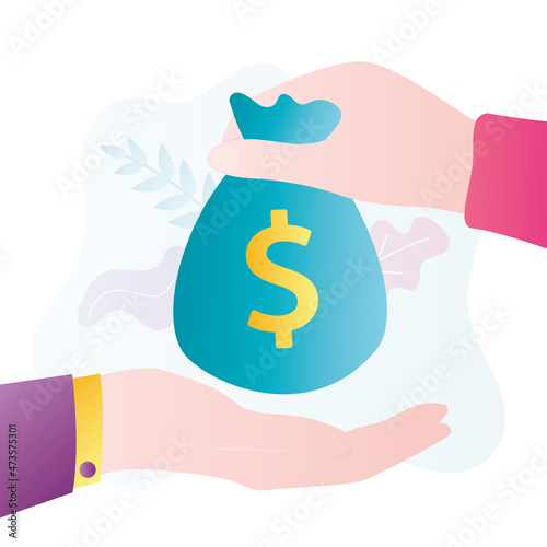 The hand passes a bag of money. Payment, salary. Corruption, bribe politics. Businessman hand closeup. Criminal deal. Concept of government corruption and crimes.