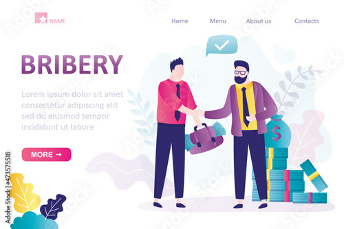 Bribery, landing page template. Man giving bribe to businessman. People handshake, completion of deal. Guy bribes politician. Сorruption, illegal activities. P