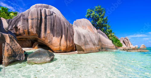 One of the most scenic and beautiful tropical beach in the world - Anse source d argent in La Digue island  Seychelles