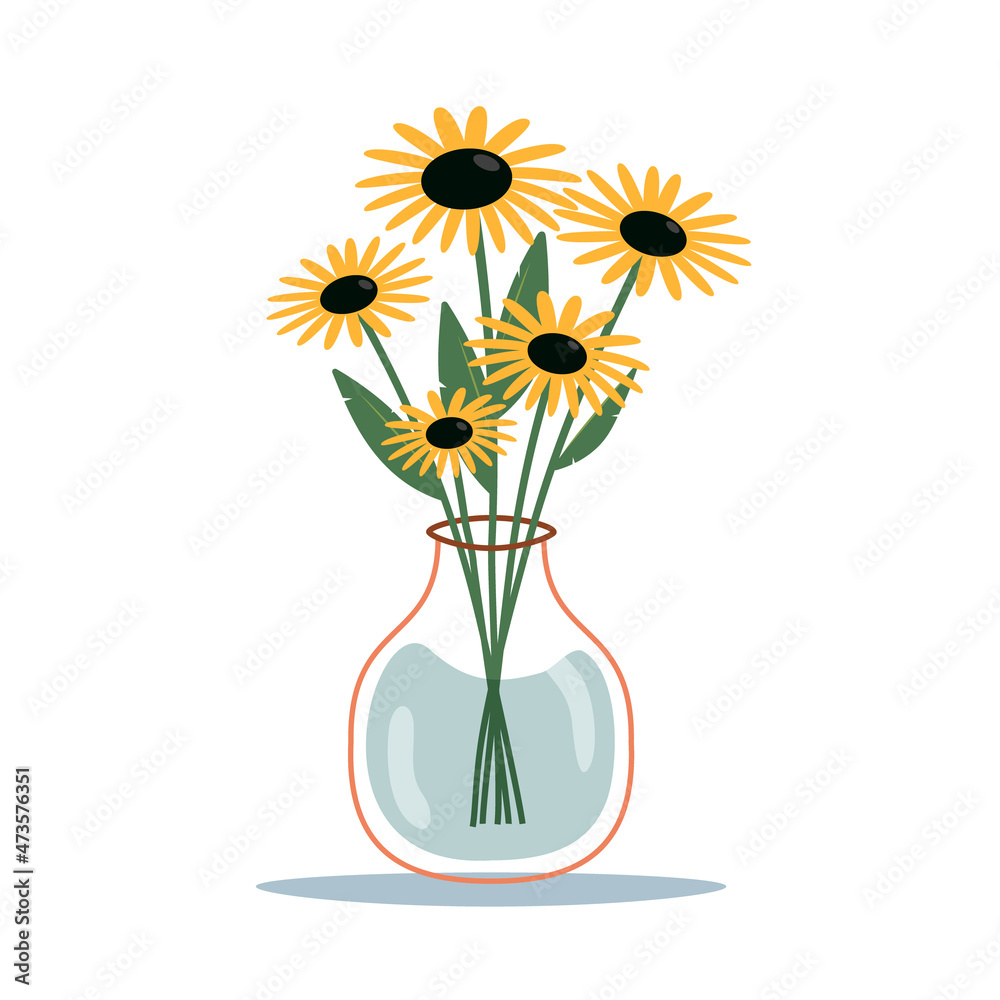 Boquet of sunflower in glass vase. Blooming flowers for interior design. Vector illustration. Boquet of sunflower in glass vase. Blooming flowers for interior design. Vector illustration.