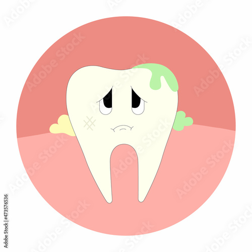 Dirty unfortunate tooth in cartoon style. Vector illustration on the topic of brushing teeth