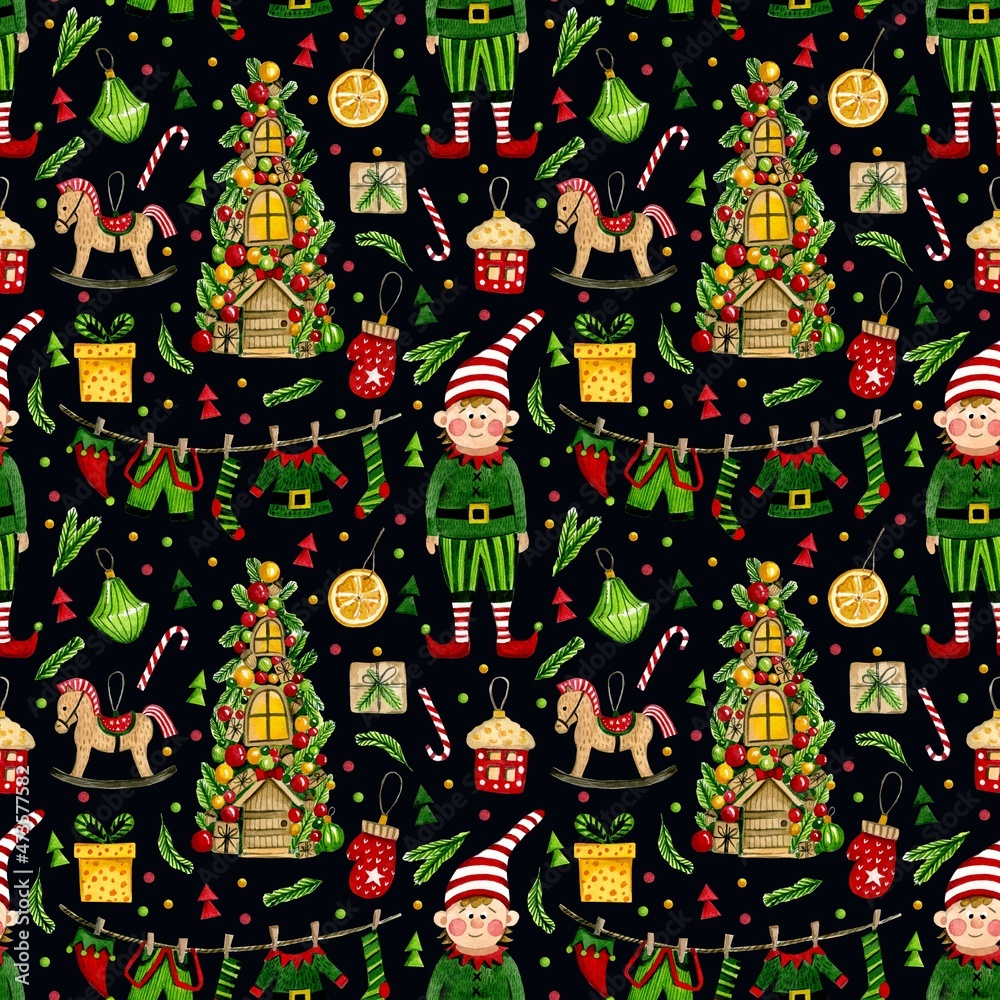 Watercolor Christmas pattern with elf and Christmas tree on a black background. Gifts, sweets, Christmas decorations, Christmas tree