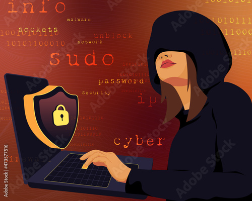 Woman wearing black hoodie with cyber security concept