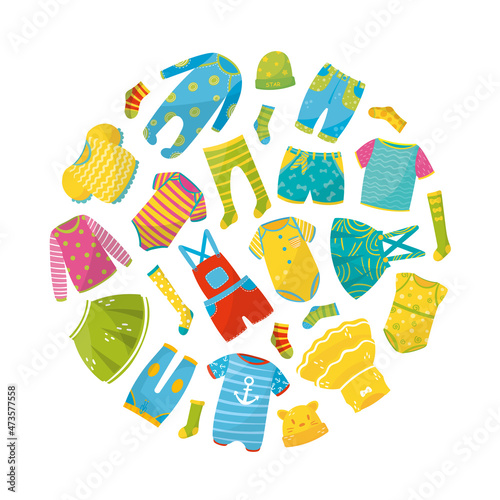 Children clothes of round shape, casual clothing for kids and babies vector illustration