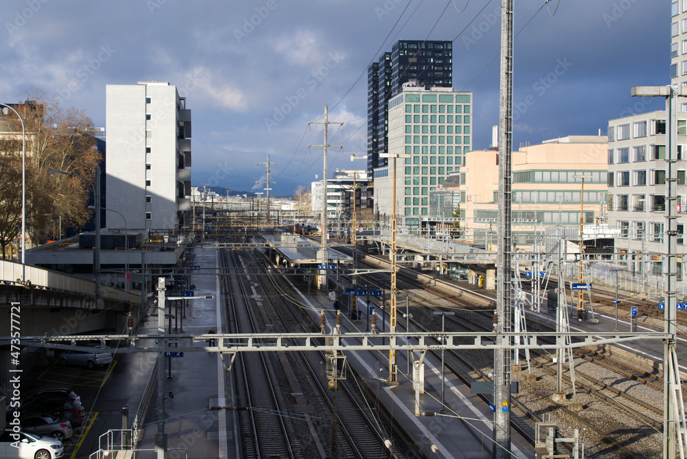 Aerial view of railway station Zürich Altstetten seen from Europe bridge at City of Zürich on a cloudy winter day. Photo taken December 7th, 2021, Zurich, Switzerland.