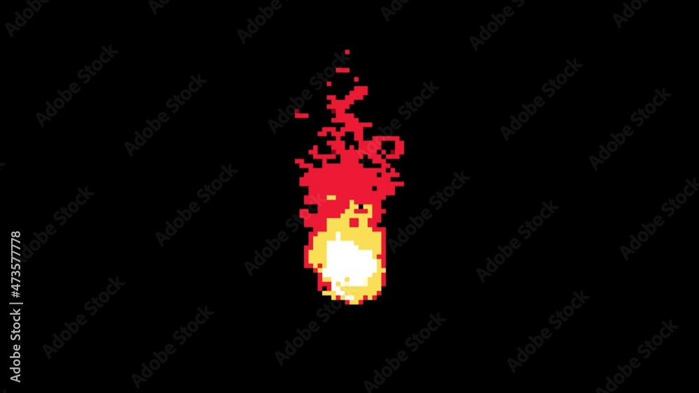 Pixel fire animation on a black background. 8 bit retro game, old school computer graphic style.