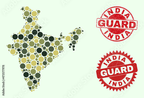 Vector round parts combination India map in camo colors, and textured badges for guard and military services. Round red seals include phrase GUARD inside. photo