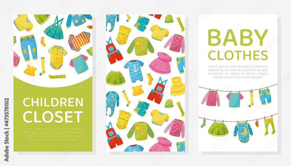 Children closet card templates set. Trendy collection of baby clothes. Flyer or brochure design vector illustration