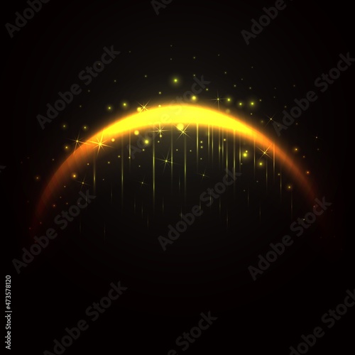 Magic golden arc. 3d realistic lighten gold arch. Fairy curve shiny line with sparkles stars and glitter. Curved luminous neon line with flying lights on a dark background. Vector card illustration