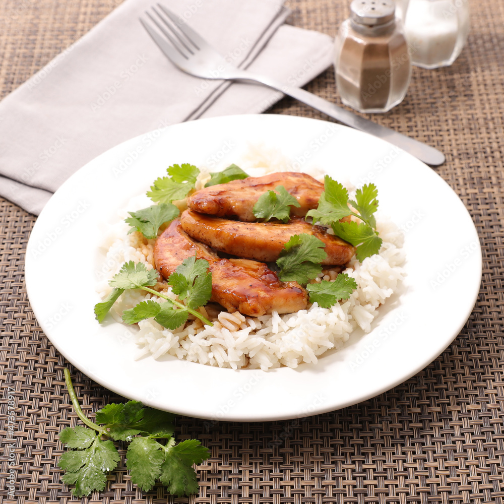 rice and fried chicken with sauce