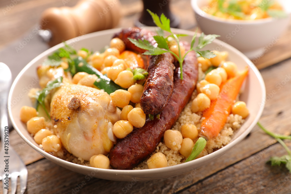 couscous with chicken,  sausage and vegetables