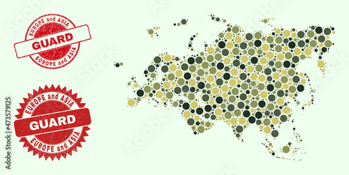 Vector circle items collage Europe and Asia map in khaki hues, and rubber seals for guard and military services. Round red stamp seals contain word GUARD inside.